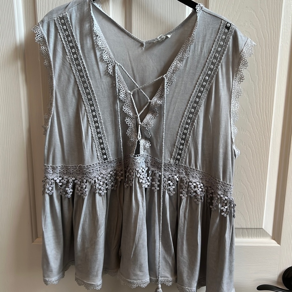 POL size Medium, light grey tank top with criss- crossed tassel cord